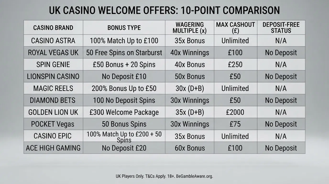 A side-by-side comparison table of ten UK-licensed casino welcome offers, listing the operator name, bonus type, wagering multiple, maximum cashout and deposit-free status for each row