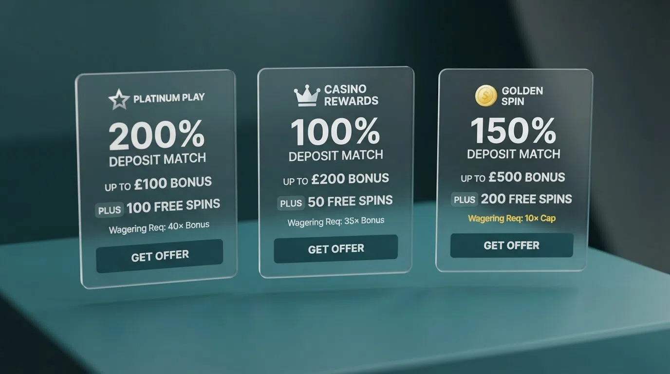 A side-by-side grid of UK casino welcome-offer cards showing match percentages, free-spin counts and wagering-multiplier figures, with the 10× cap highlighted