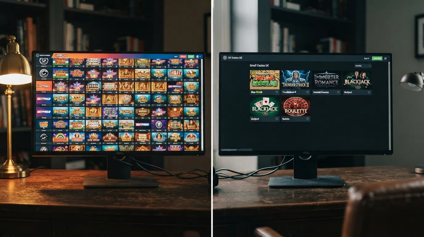 A split-screen visual contrasting a casino lobby dense with slot thumbnails against a sparse one
