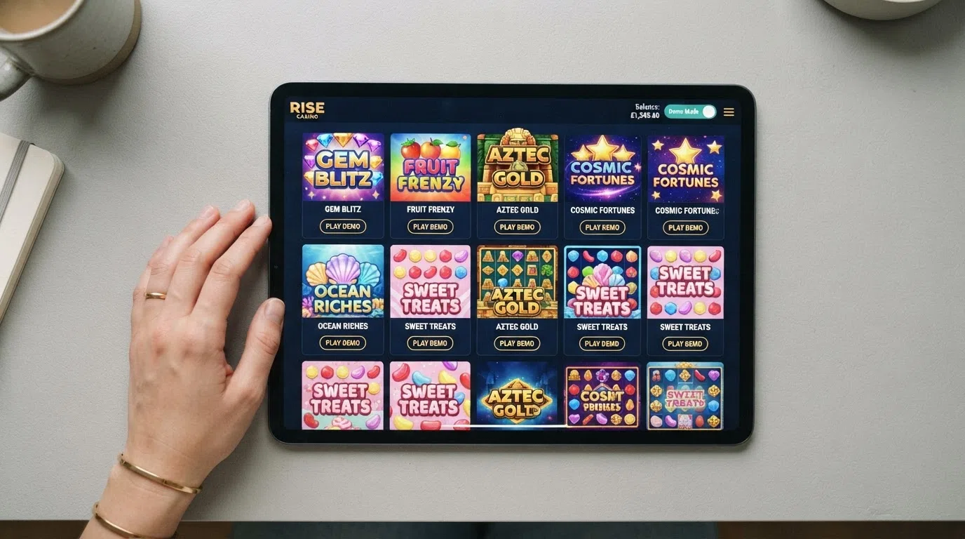 A UK-licensed online casino lobby displaying cluster-pays slot thumbnails with a demo-mode toggle visible