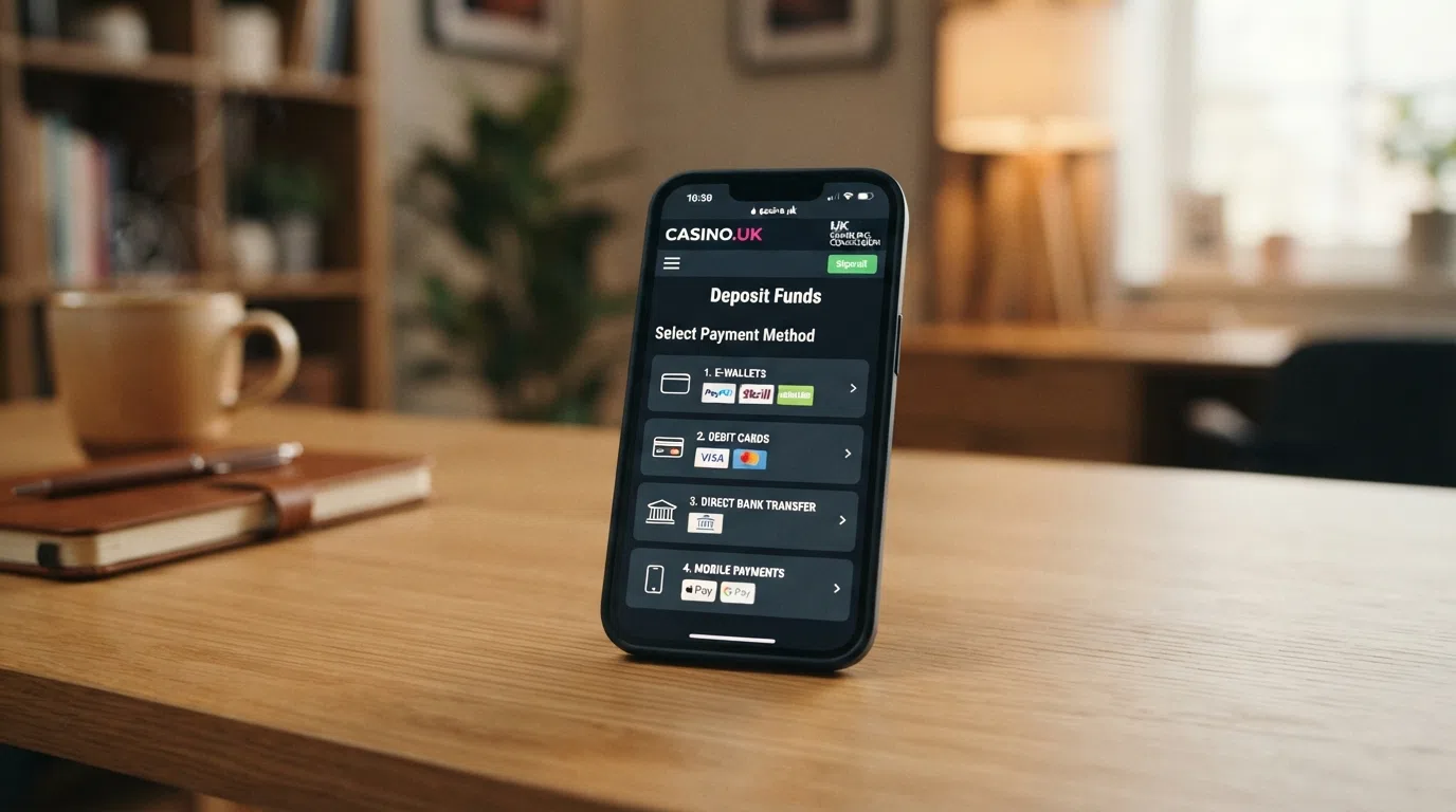 A smartphone screen showing the deposit screen of a UK casino with PayPal, debit card, Trustly and Apple Pay as the available options