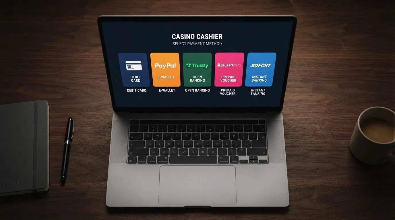A casino cashier screen showing a row of payment options — a Visa debit card, PayPal, Skrill, Trustly and Paysafecard