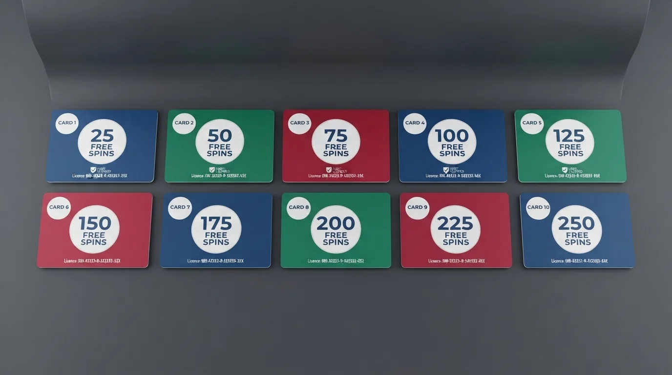 A side-by-side visual summary of casino brand cards showing free-spin counts, deposit requirements and licence badges for the featured UK operators
