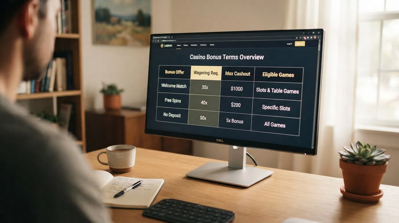 A side-by-side comparison table of casino bonus terms on a desktop screen, with wagering and max-cashout columns highlighted