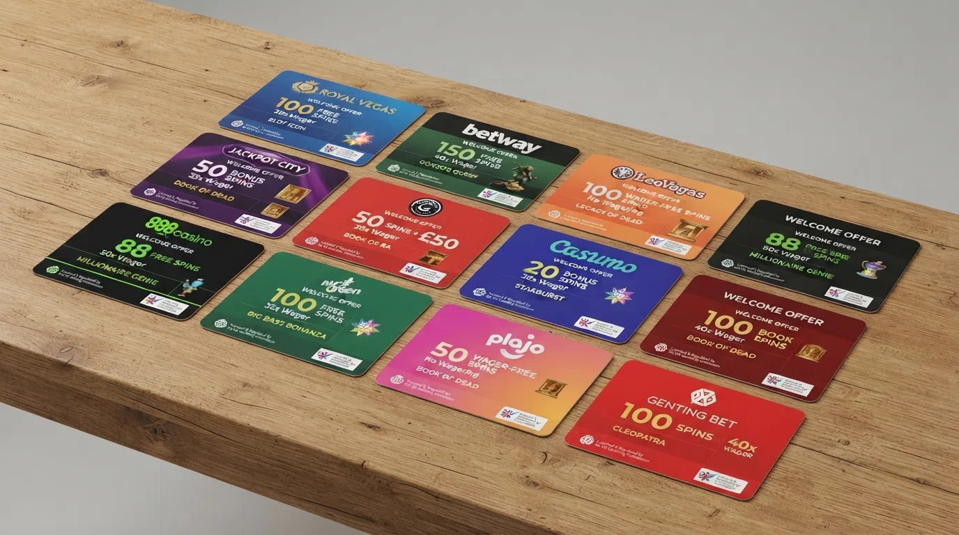 A side-by-side layout of casino welcome-offer cards on a desk, each showing a different spin count, wagering label, and eligible game icon, with a UKGC licence badge visible on each