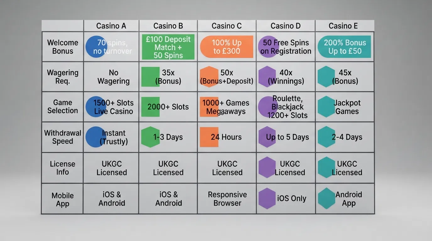 Side-by-side comparison grid of ten UK casino brands ranked by their 25 free spins no deposit offer terms