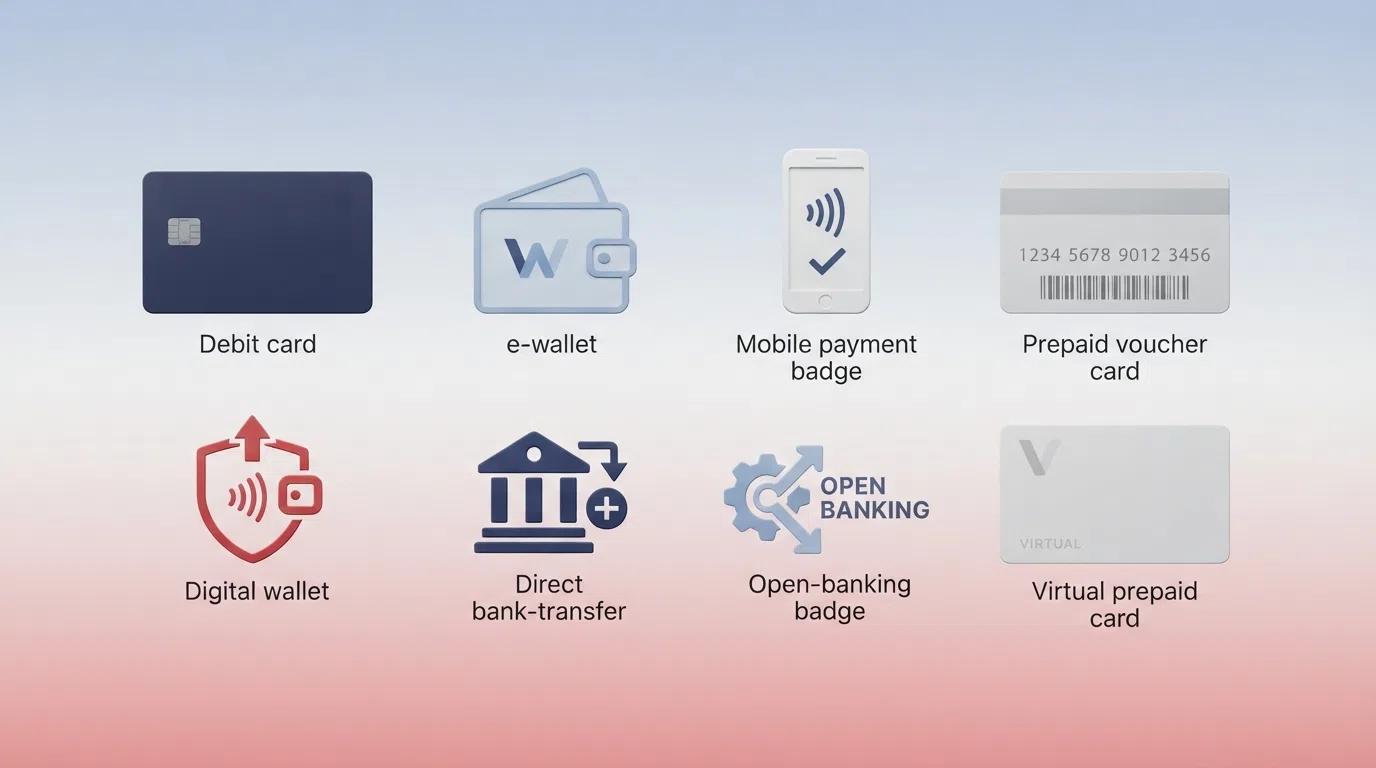 A side-by-side grid of eight payment-method icons — debit card, PayPal, Apple Pay, Paysafecard voucher, Skrill, Trustly, Open Banking and AstroPay — arranged on a clean background with the UK flag colours
