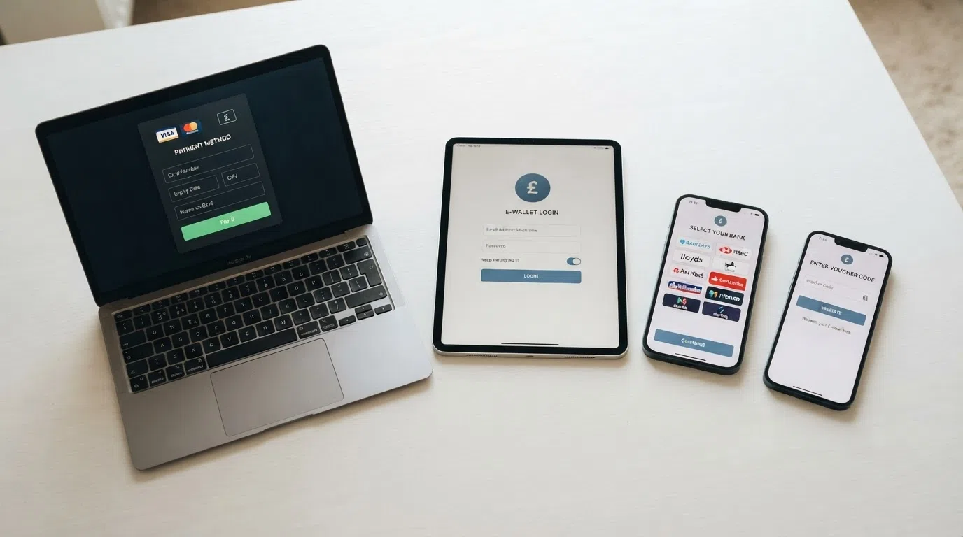 Four payment interfaces side by side — a debit card entry form, a PayPal login screen, an open-banking bank-selection page and a Paysafecard voucher — each on a different device