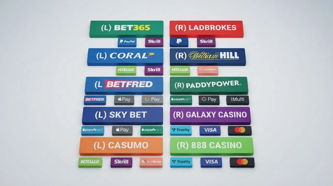A side-by-side grid of the ten featured UK casino operator logos arranged above their accepted e-wallet icons