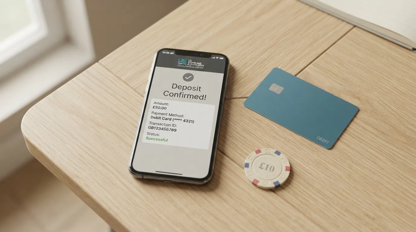 A flat-lay of a UK debit card, a smartphone with a banking app open, and a casino deposit confirmation screen, arranged on a desk