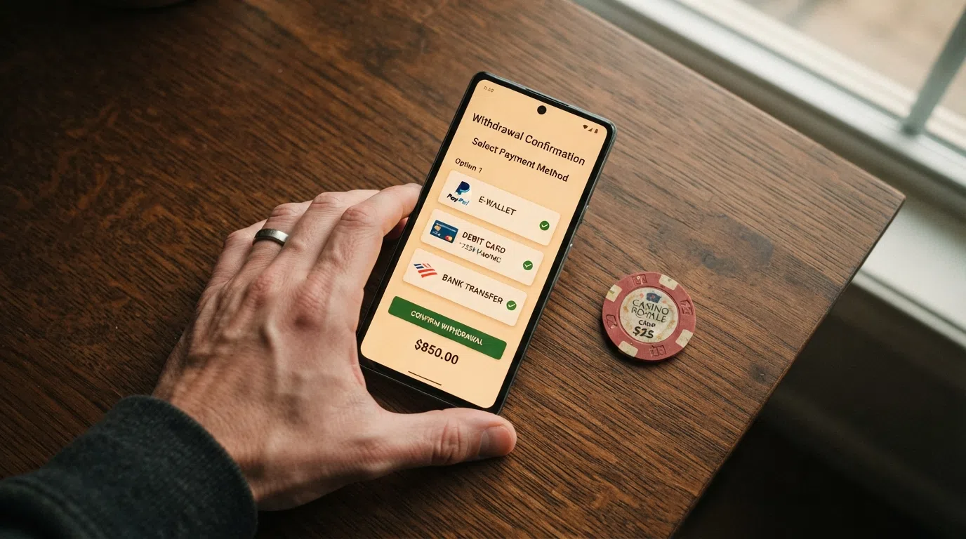 A smartphone screen showing a withdrawal confirmation with PayPal, Visa debit and bank-transfer options listed