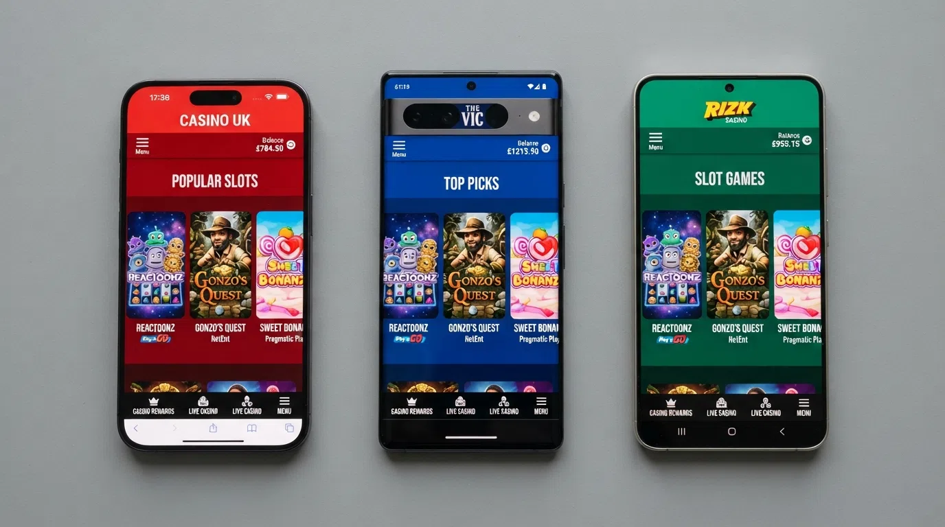 A grid of UK-licensed casino slot lobbies showing the same bonus-buy-era titles (Gates of Olympus, Sweet Bonanza, Big Bass Splash) listed across multiple operator sites