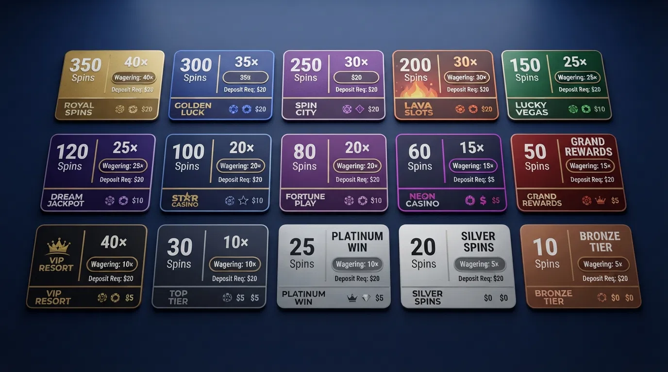 A side-by-side grid of casino-branded cards arranged in ranked order, each card showing a spin count, a wagering-multiple badge and a deposit-requirement label