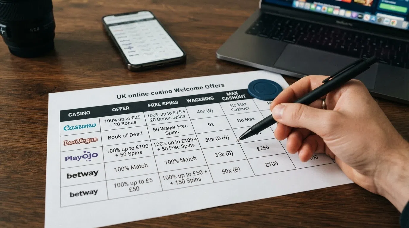 A comparison grid showing welcome-offer terms from multiple UK online casino brands, with free-spin counts, wagering requirements and cashout caps highlighted in different columns.