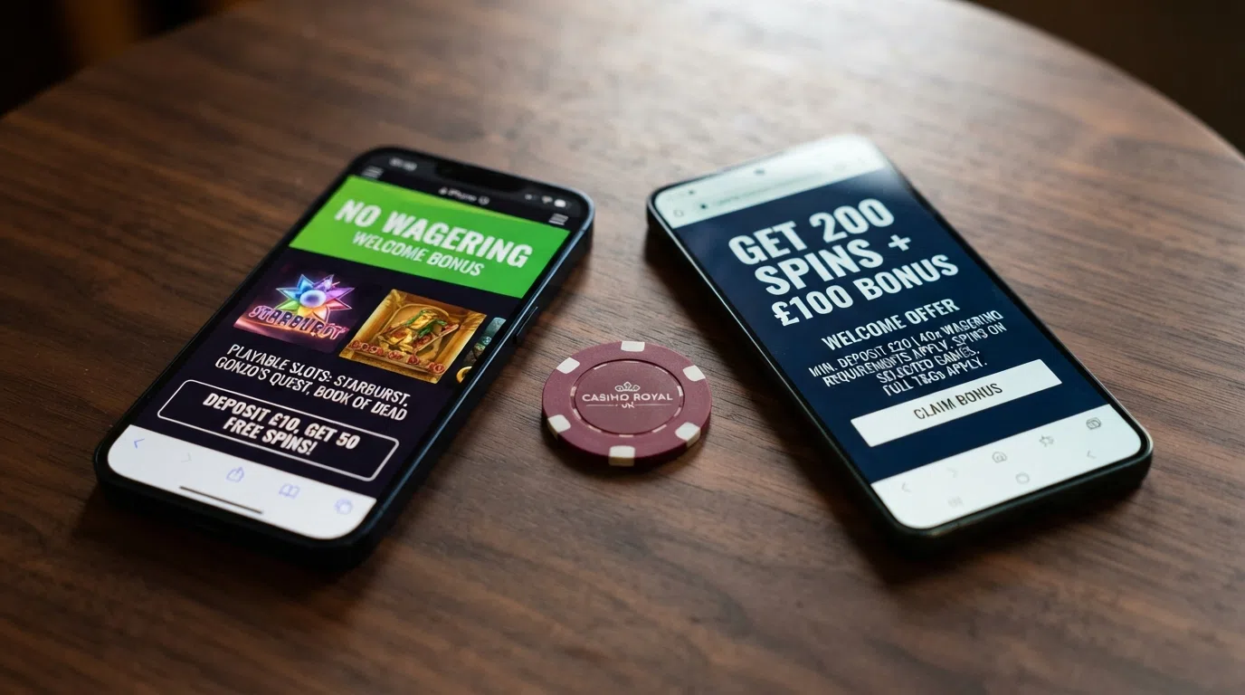 Two mobile screens showing different UK casino welcome-offer pages, one with a prominent “No Wagering” badge on its free-spins banner and the other listing terms beneath the offer