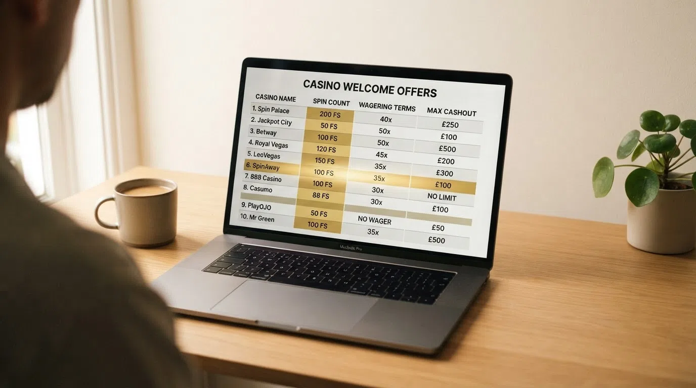 A desktop view of a comparison table showing casino logos beside columns for free-spins count, wagering multiplier and max cashout, with two rows highlighted for the no-deposit operators