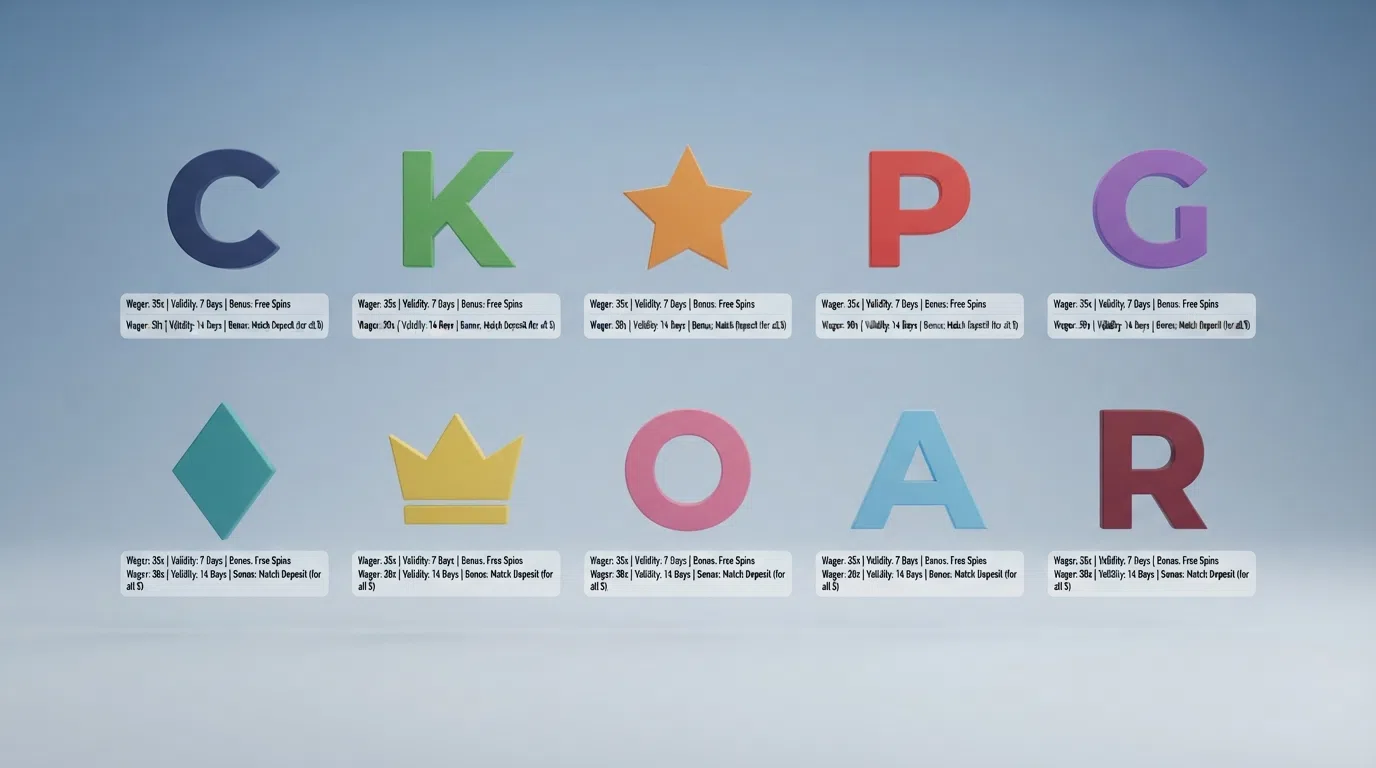 A grid of UK-licensed casino operator logos arranged across a comparison layout with key terms — wagering multiplier, validity and bonus type — displayed under each.