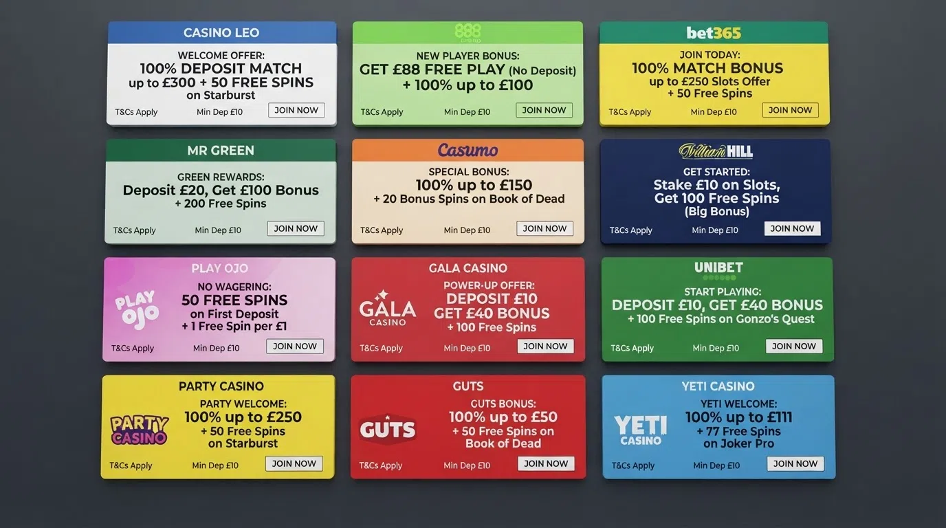A grid of welcome-offer summary cards from several GB-licensed online casinos showing free-spin counts and deposit-match percentages side by side