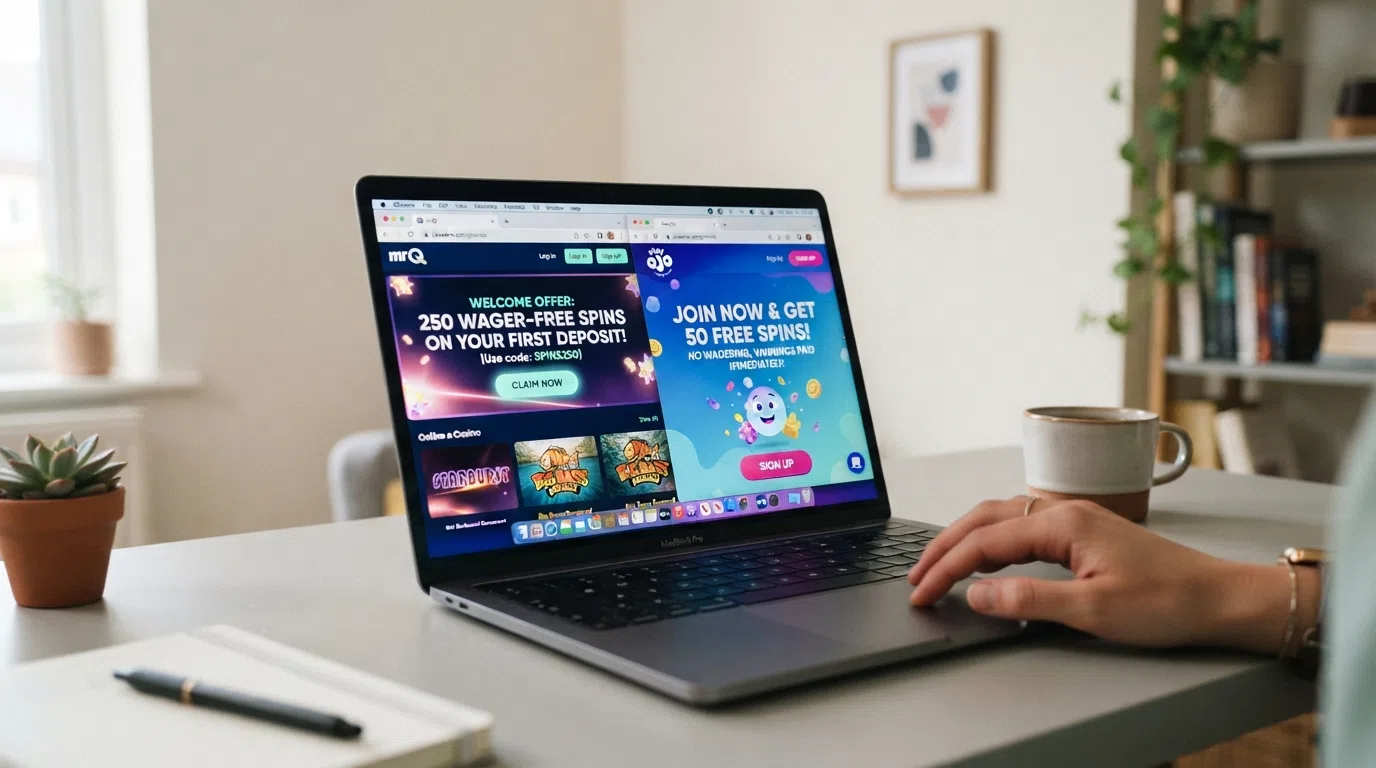 A side-by-side view of UK-licensed casino promotion pages showing free-spins welcome-offer banners with spin counts and “no wagering” badges highlighted