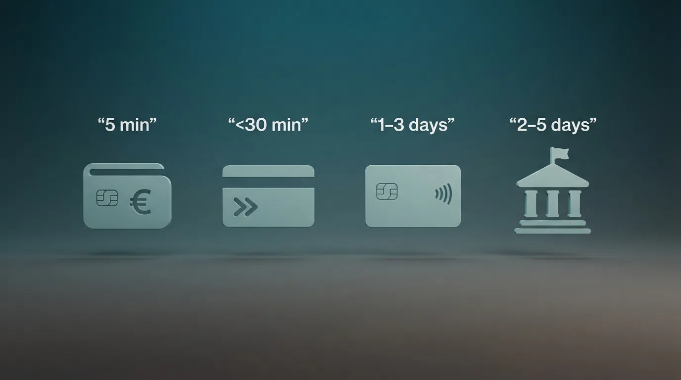 Four payment icons arranged by speed — PayPal at the top, Visa Fast Funds second, debit card third, and bank transfer at the bottom — with typical withdrawal times next to each
