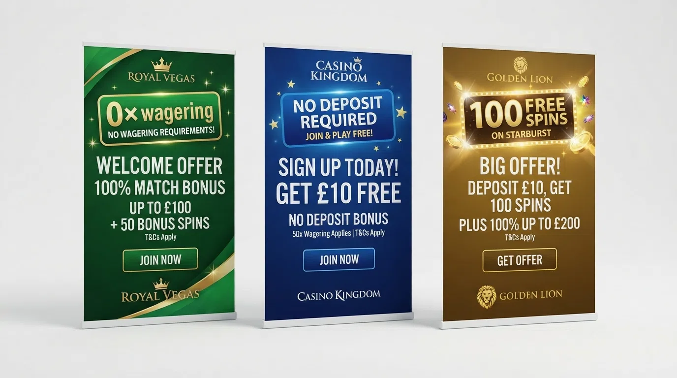 A side-by-side comparison layout showing three UK casino welcome-offer banners — one with a “0× wagering” badge, one with “no deposit required” and one with a free-spin count — on a clean white background