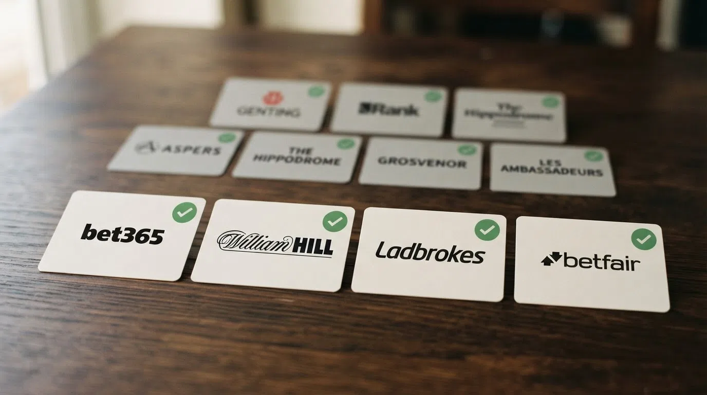 The logos of bet365, William Hill, Ladbrokes and Betfair arranged in a row with a green cheque-mark badge beside each one, contrasted with six greyed-out casino logos beneath them