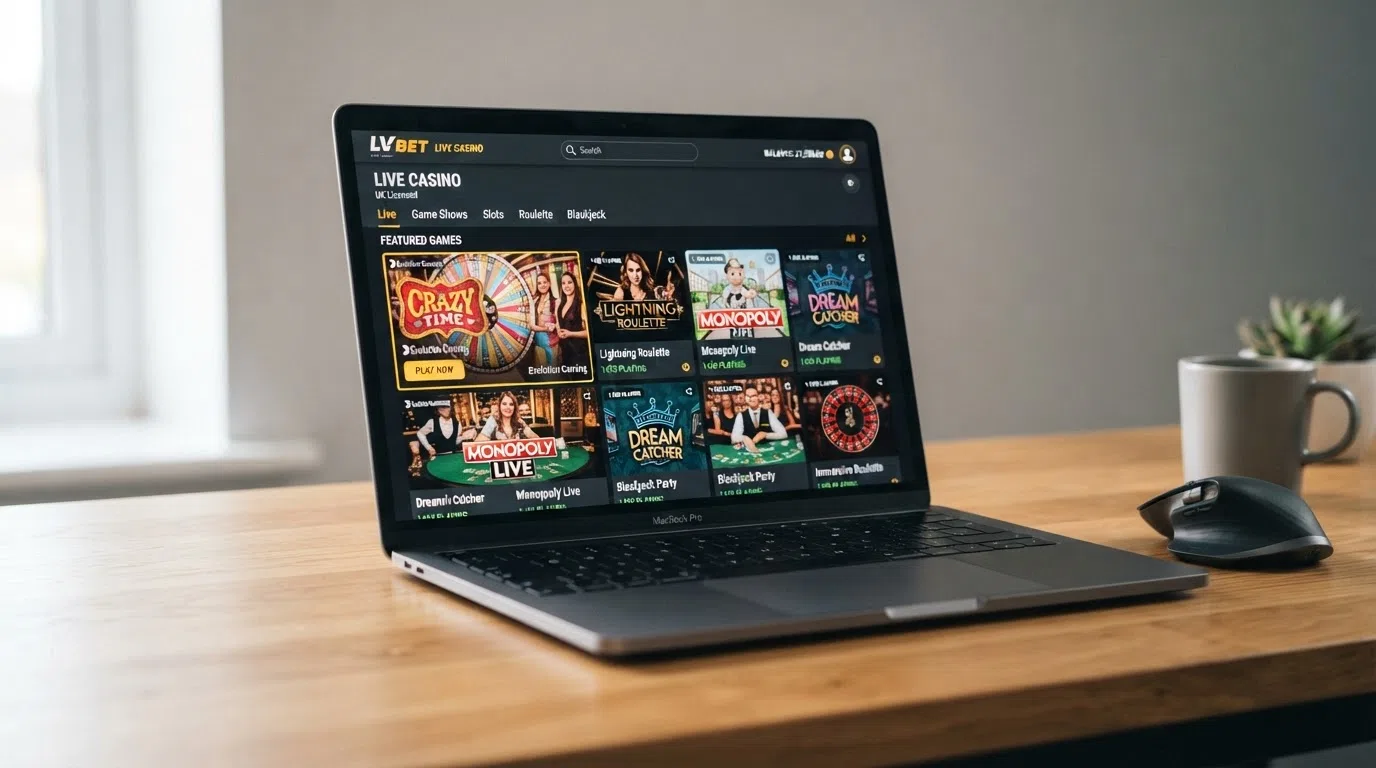 A grid of UK casino brand logos alongside a live casino lobby screen showing Crazy Time in the game list