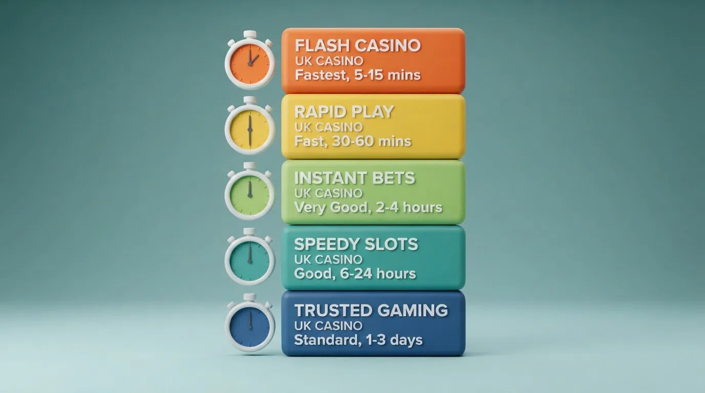 A side-by-side visual ranking of UK casino logos ordered by their independently reported withdrawal speed, with the fastest at the top and a stopwatch motif