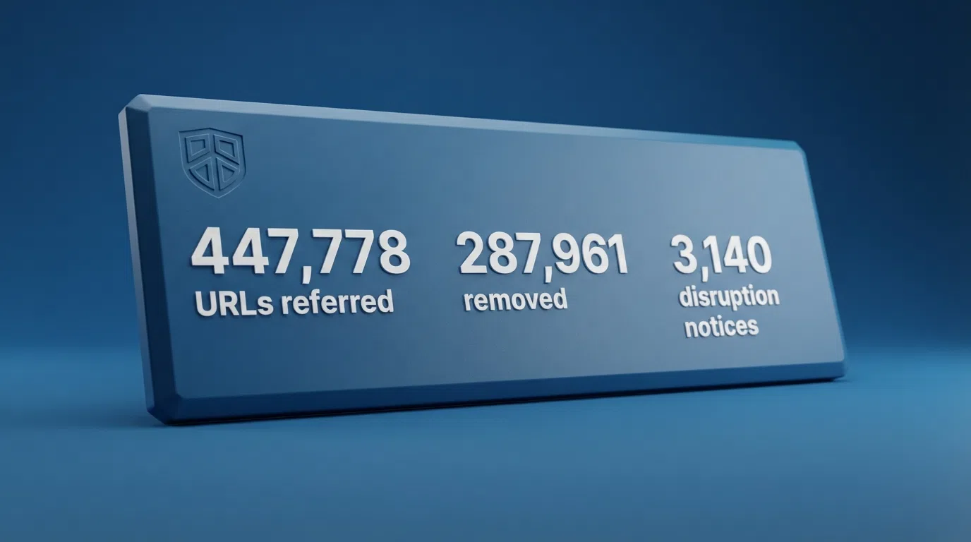 A stylised dashboard showing the UKGC's enforcement footprint: 447,778 URLs referred, 287,961 removed, 3,140 disruption notices, with the Gambling Commission logo in the corner