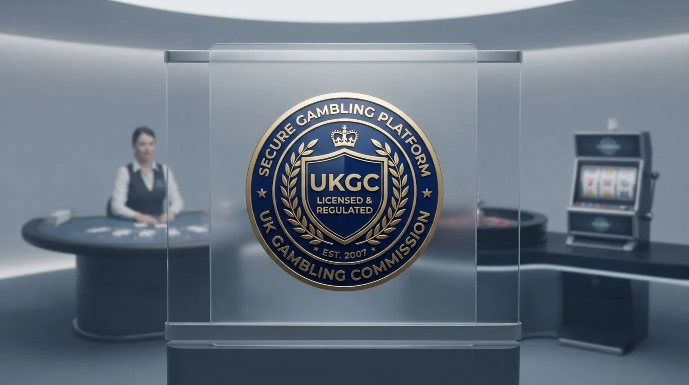 The UK Gambling Commission logo or a stylised depiction of a regulatory seal, with a digital casino interface in the background