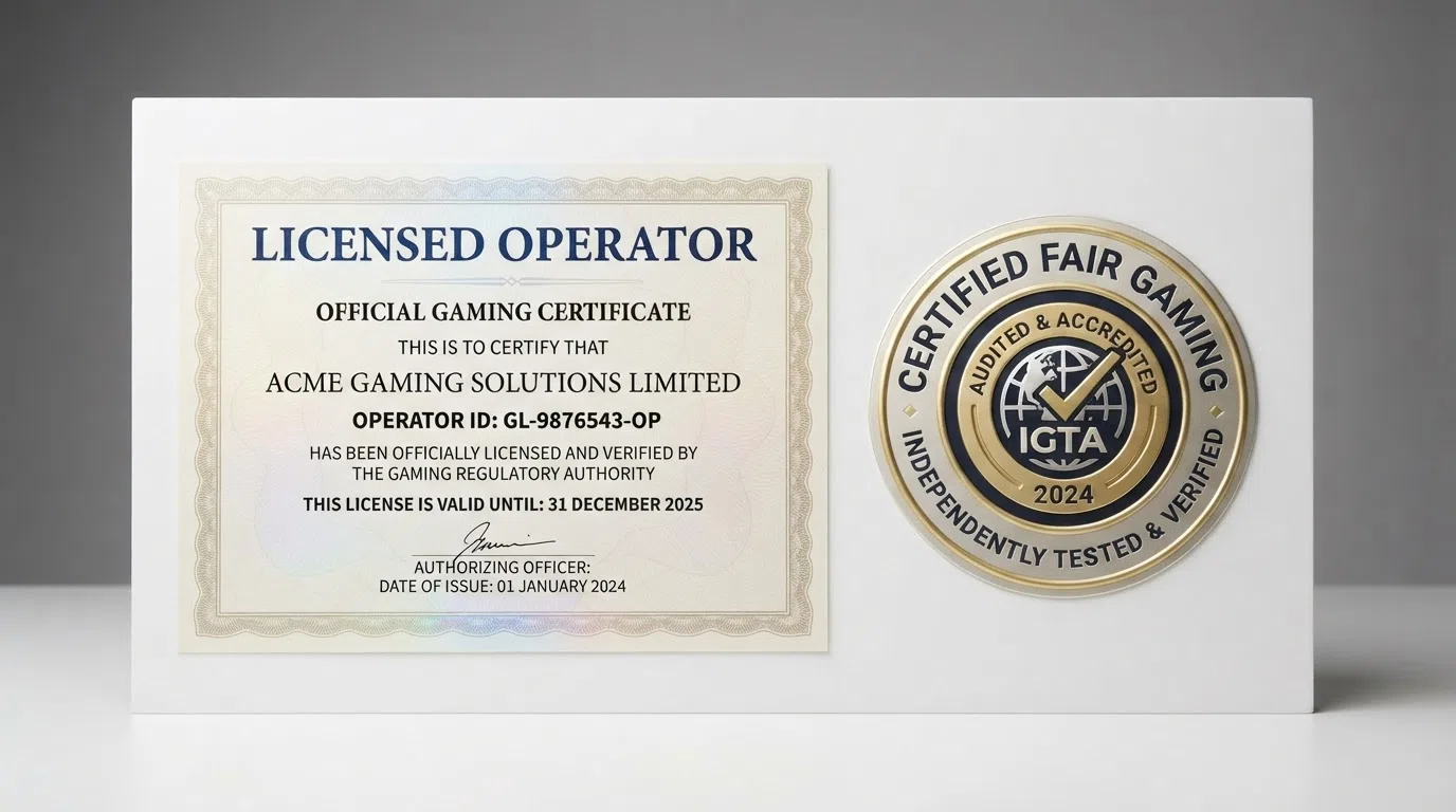 A UK Gambling Commission licence certificate and an independent testing-laboratory seal displayed side by side on a white background