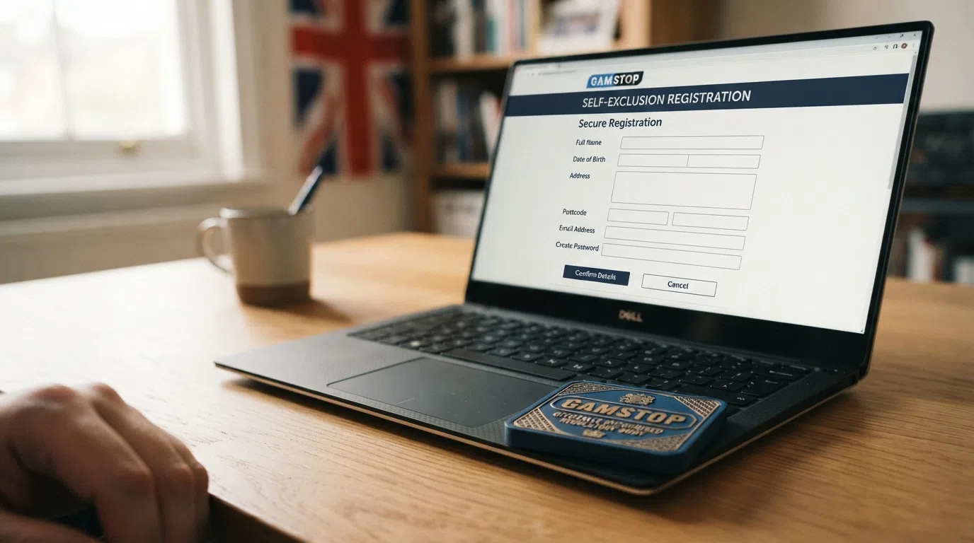 A UK Gambling Commission logo beside a screen showing GAMSTOP registration options and the words “Licensed and regulated in Great Britain”