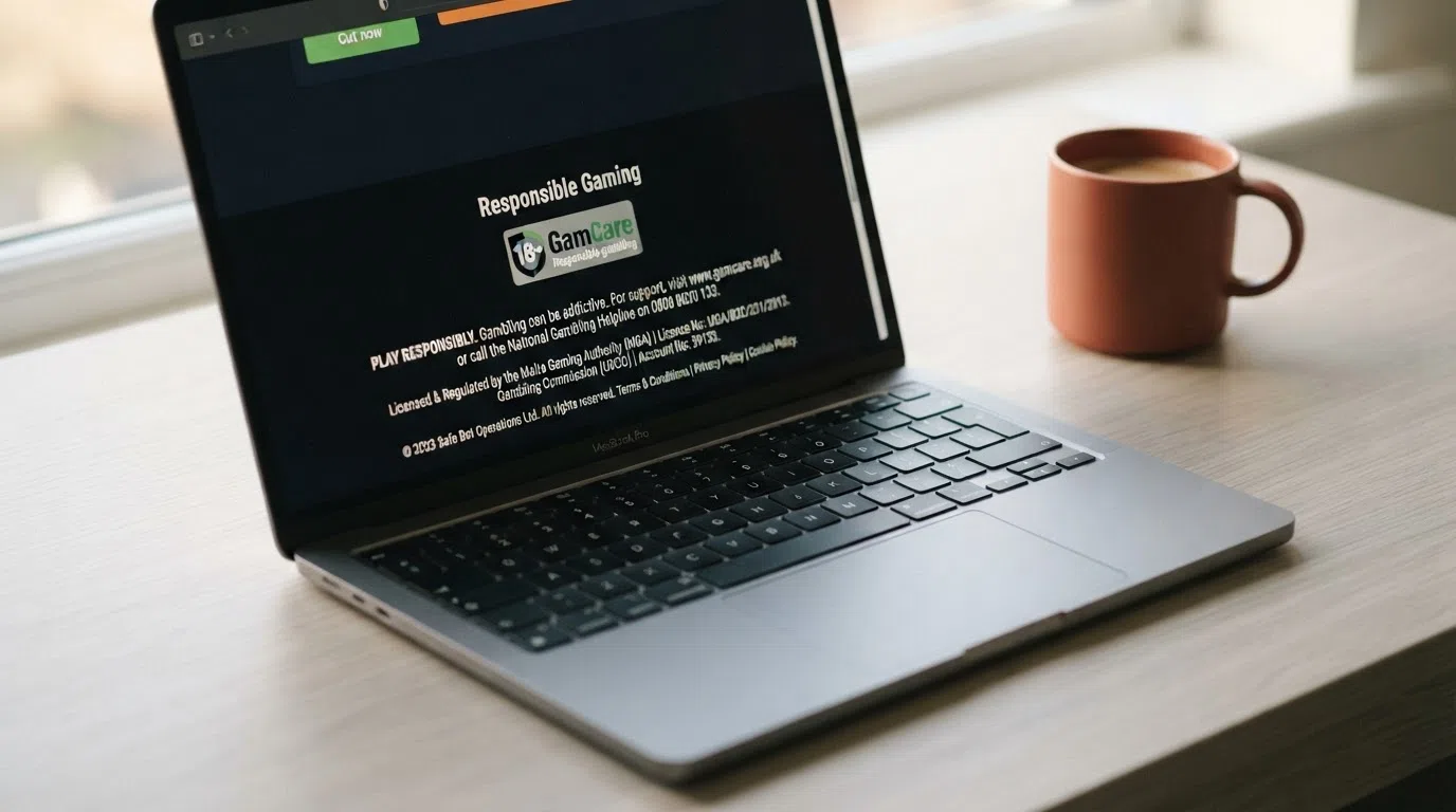 The UK Gambling Commission logo beside a sample operator licence number and a responsible-gambling badge displayed in a casino website footer