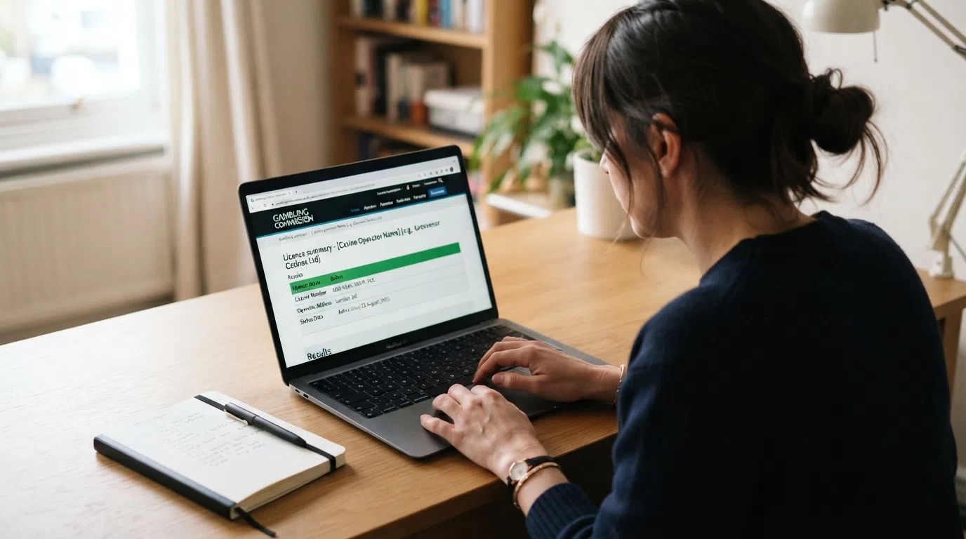The Gambling Commission public register website displayed on a laptop screen with a licence status result showing “Active” for a casino operator