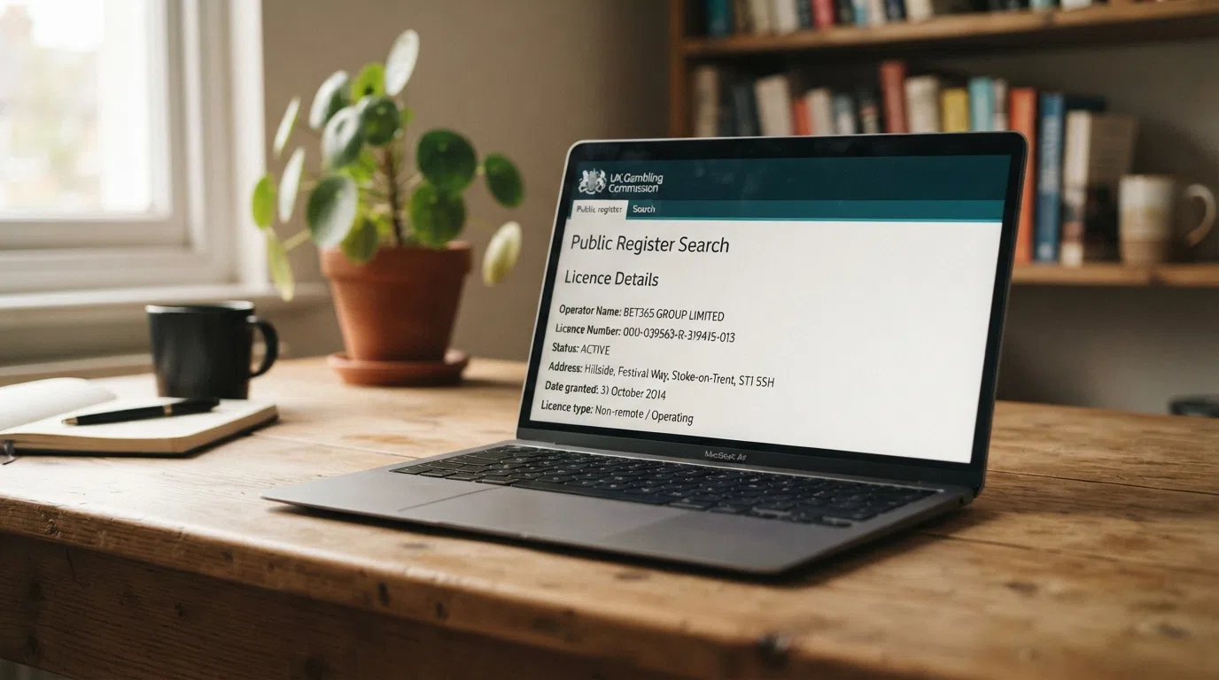 A close-up of a laptop screen showing the UK Gambling Commission public register search page with an operator's licence details visible, the UKGC logo prominent in the corner
