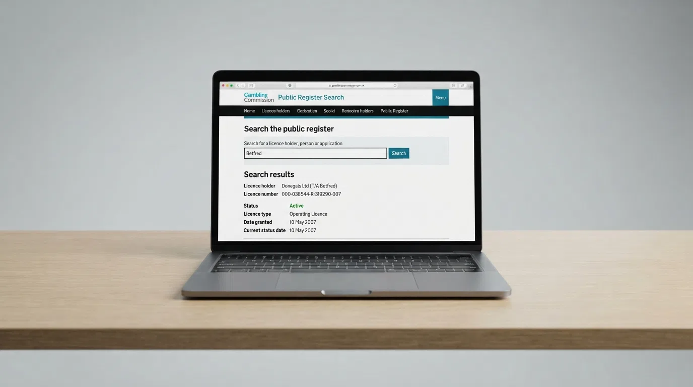 A screenshot of the Gambling Commission public register search page showing an active operator licence entry