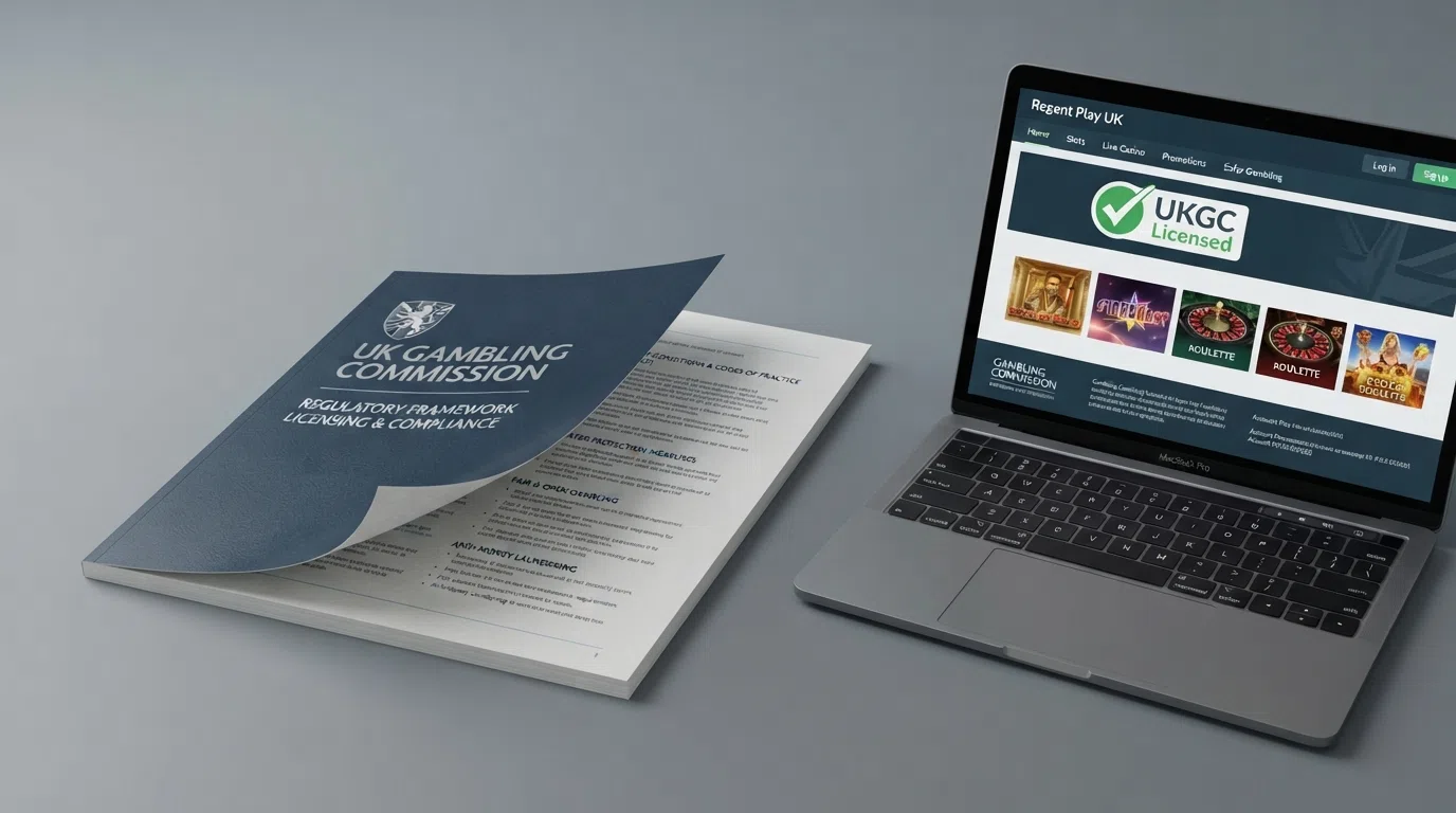 The UK Gambling Commission logo on an official document alongside a laptop displaying a licensed casino homepage