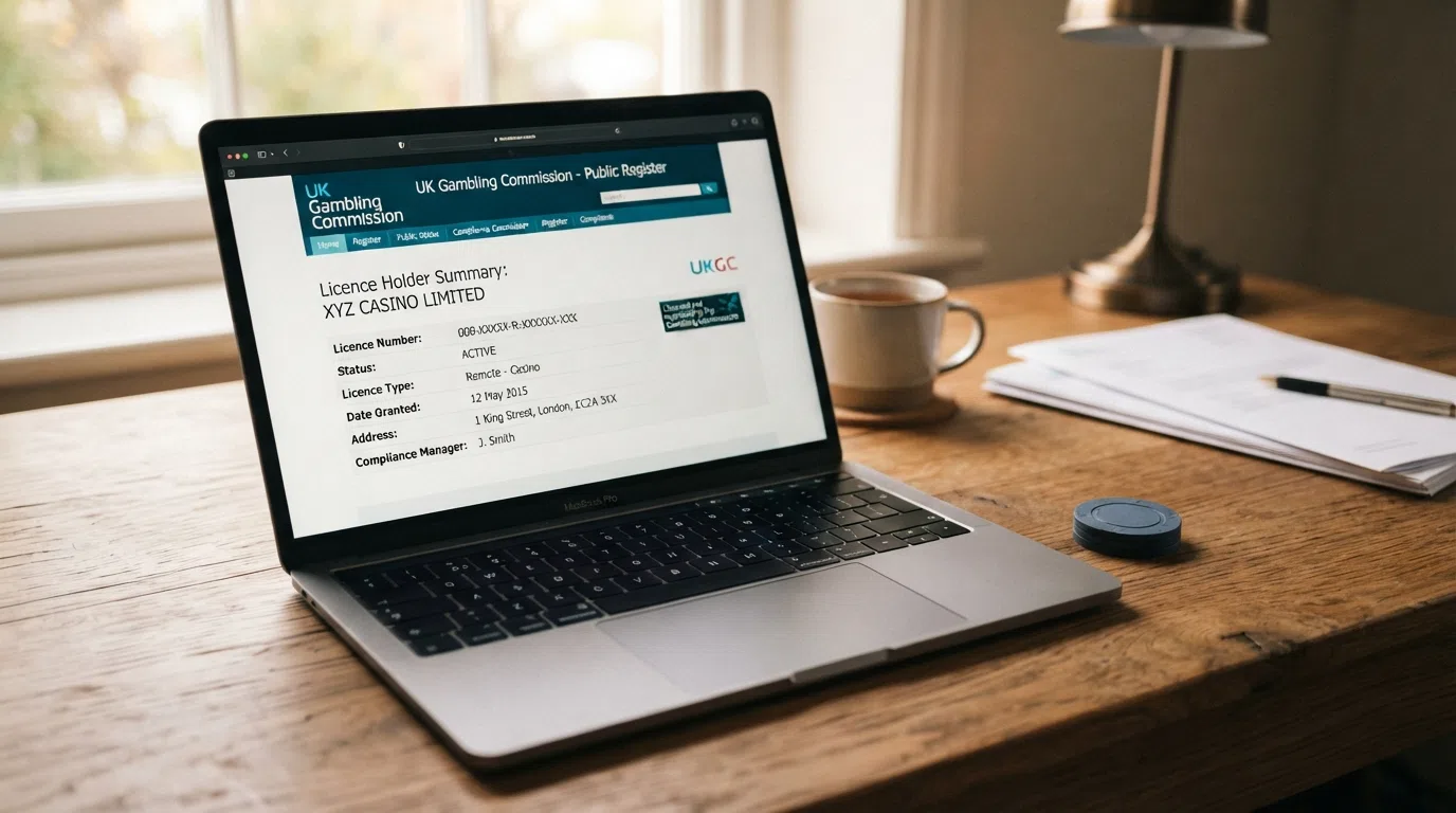 A close-up of the Gambling Commission public register webpage showing an active remote casino operating licence entry with the licence account number visible