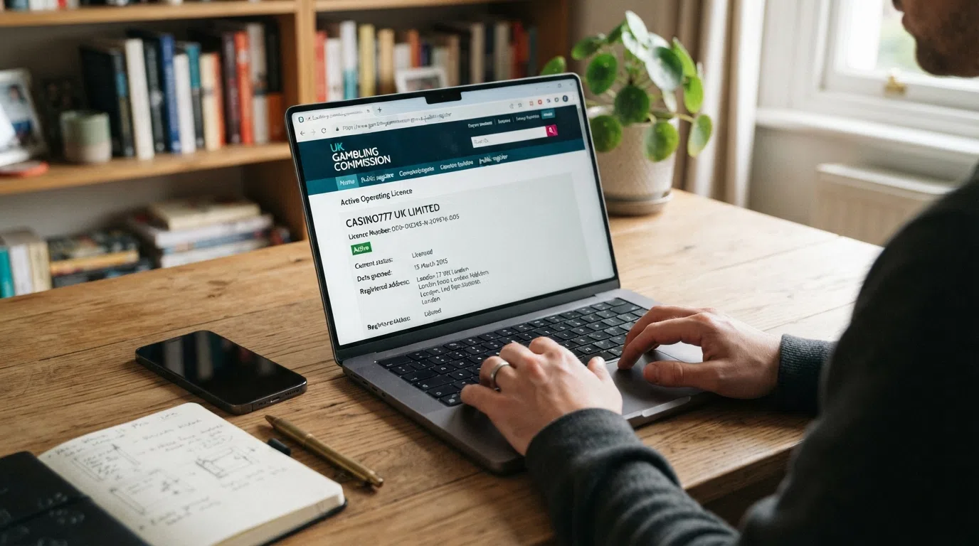 The UK Gambling Commission public register search interface on a laptop screen, showing an active operating licence record