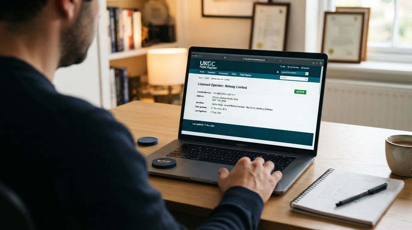 A desktop browser window open to the UKGC public register of licence holders, with a search result showing an active operator licence entry and the register's last-updated date visible