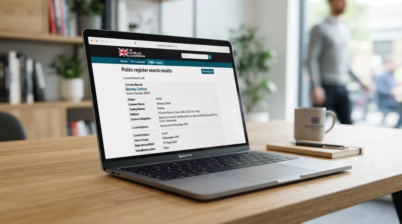 A laptop screen displaying the UK Gambling Commission public register search interface with a licence record visible