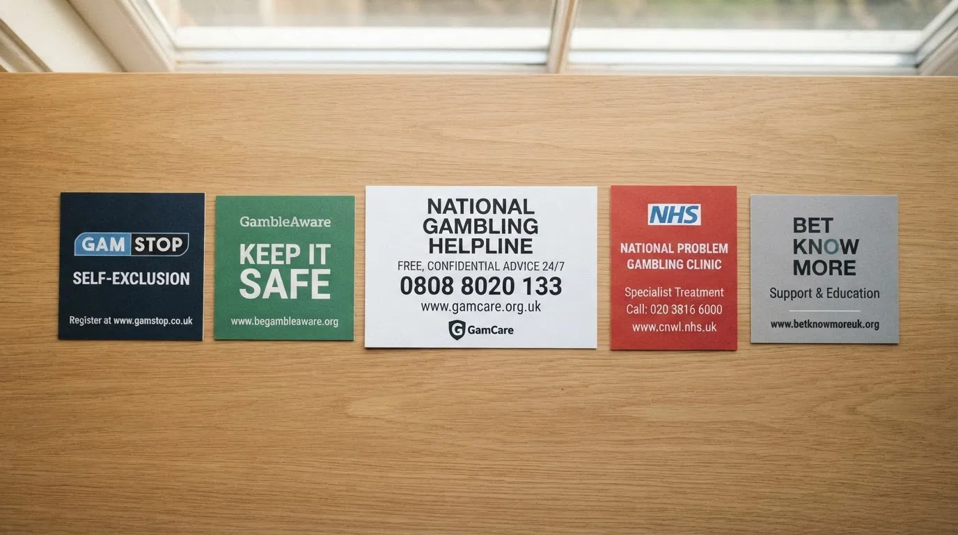 A clean arrangement of UK safer-gambling resource logos and contact details — the National Gambling Helpline 0808 8020 133, GAMSTOP, GambleAware and an NHS gambling clinic sign