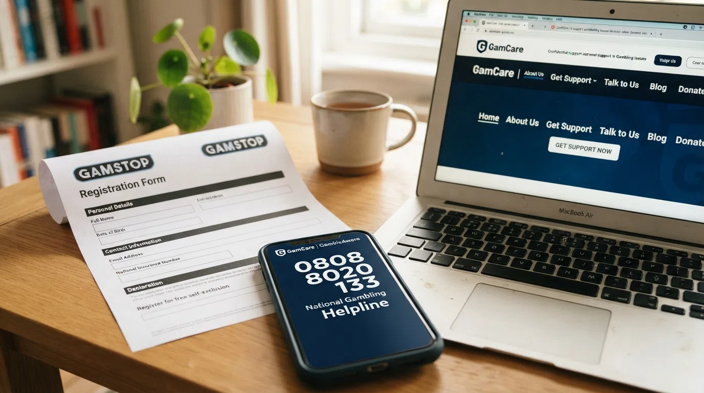 A collage of the National Gambling Helpline phone number, the GamCare website homepage, and the GAMSTOP registration screen, with the NHS logo visible.