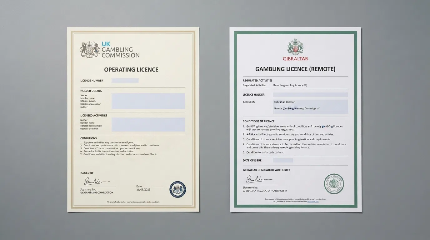A side-by-side arrangement showing a UK Gambling Commission operating licence certificate and a Gibraltar Gambling Division remote gambling licence document, illustrating the two regulatory layers every operator on this page holds