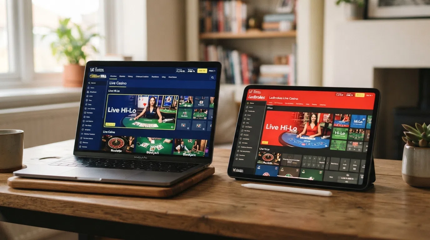 A split-screen view of two UK-licensed casino lobby screens, each showing their live-casino tab with a hi-lo table thumbnail highlighted.