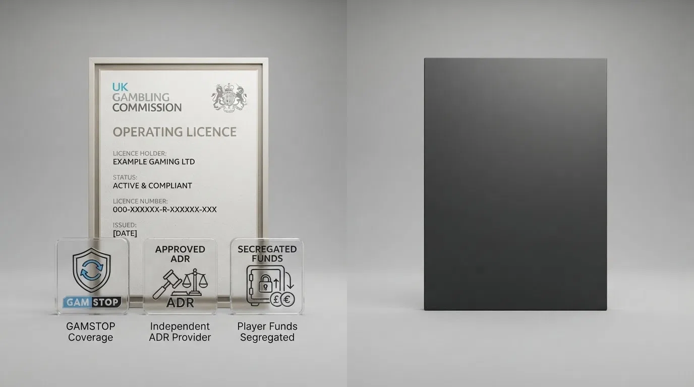 A side-by-side visual with a UK Gambling Commission licence certificate on the left accompanied by GAMSTOP, ADR and fund-segregation icons, and an empty or crossed-out panel on the right representing the offshore alternative