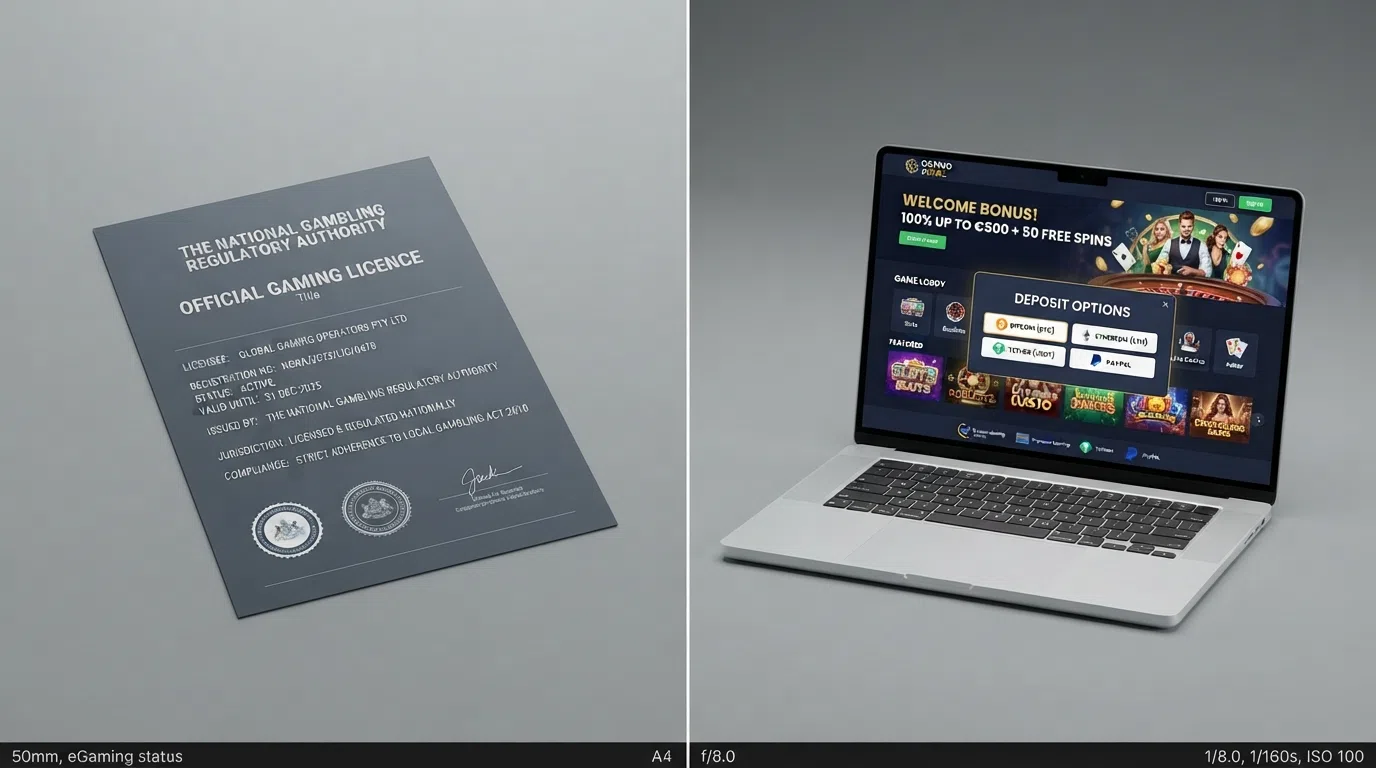 Two panels: a UK Gambling Commission licence document beside a generic offshore casino welcome screen