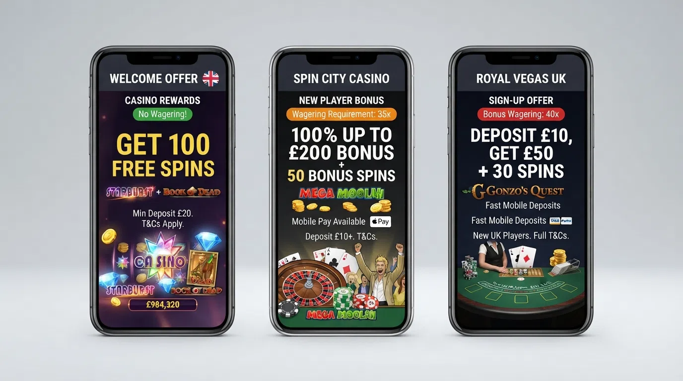 Side-by-side display of UK casino welcome offers highlighting free-spin counts, wagering requirements and Apple Pay eligibility badges
