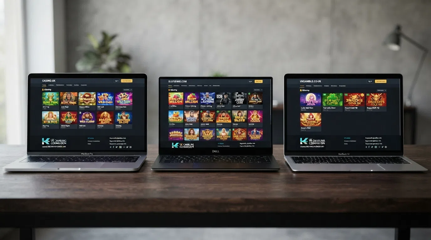 A side-by-side visual of UK casino homepages or lobby screens showing BGaming slot thumbnails in the game grid, with UKGC licence badges visible