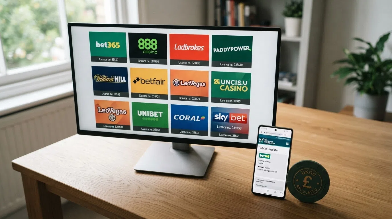 A desktop view of ten UK-licensed online casino homepages arranged in a grid, each showing its UKGC licence number in the website footer, with a smartphone alongside displaying the same operator's licence on the UKGC public register